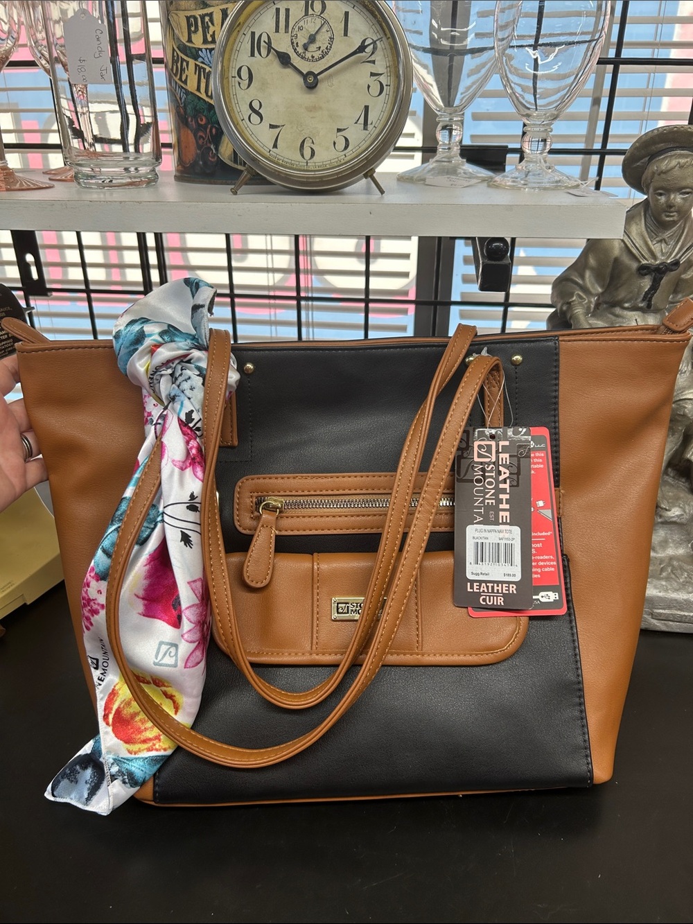 NWT Stone Mountain Plug In Napa Navi Black & Tan Vegan Leather Tote Bag